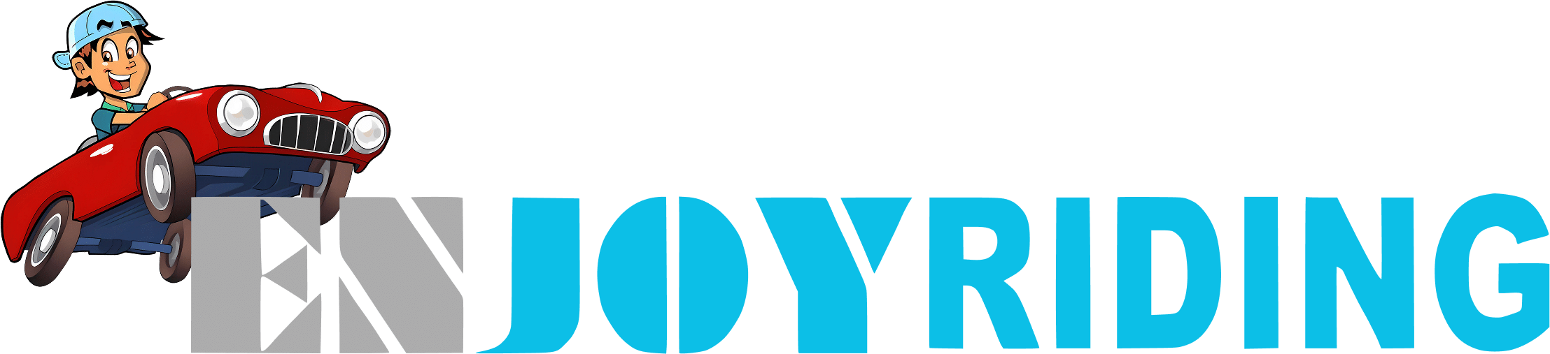 Logo van rijschool EnjoyRiding met cartoon automobilist in rode auto en blauwe tekst