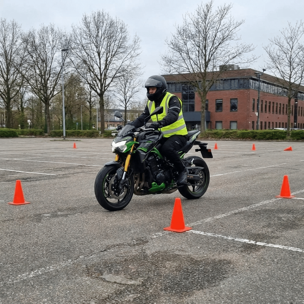 Motorrijder oefent rijvaardigheden tussen verkeerskegels op rijschool oefenterrein