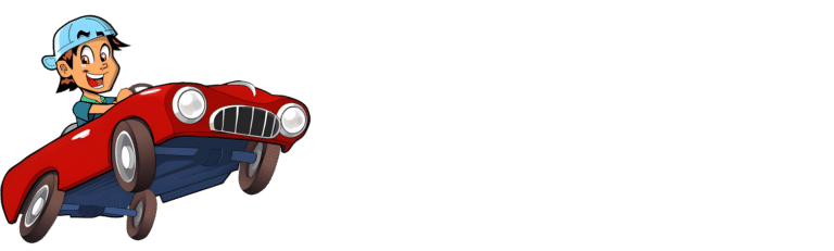 Vrolijke cartoon jongen rijdt in rode auto voor rijschool EnjoyRiding logo
